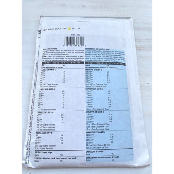 Butterick Vintage 3488 Childrens' Bath Towels Wash Mitt Uncut Sew Pattern UC FF - Picture 2 of 3